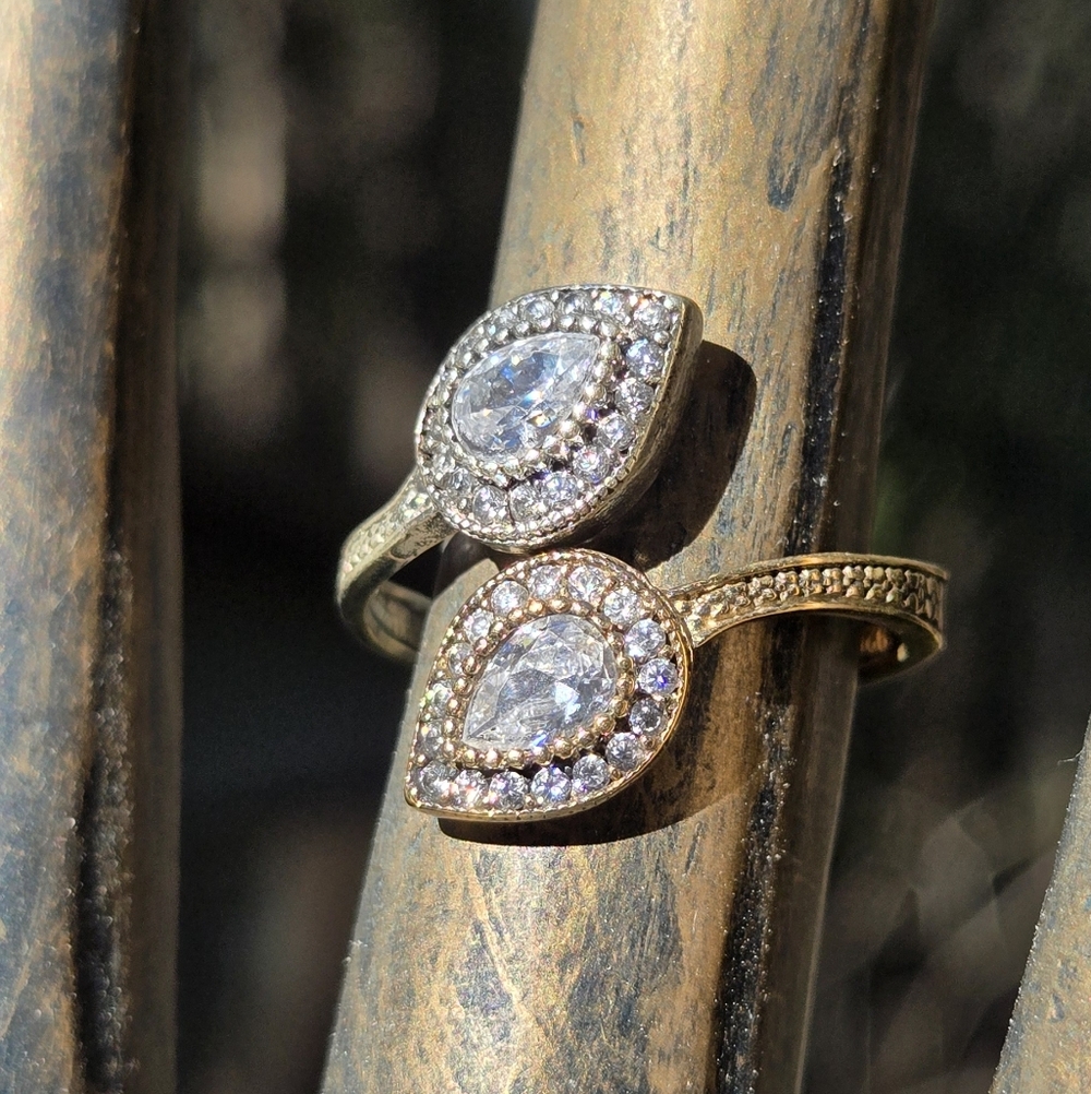 Lightening quartz & topaz dual teardrop Sterling Bronze&Gold ringSz8 Adjustable - Picture 4 of 11